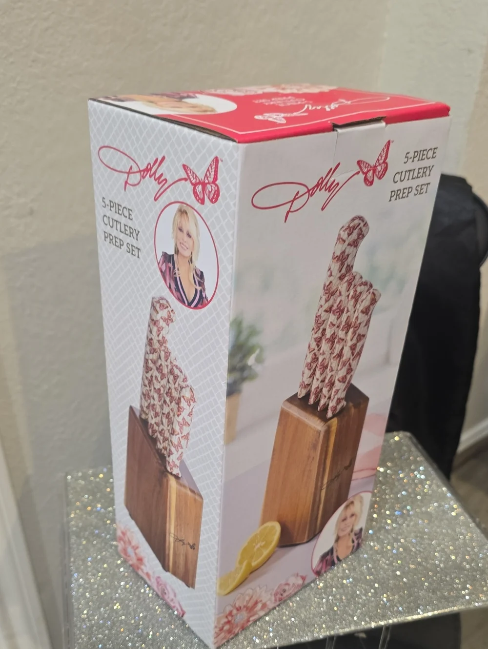 Dolly Parton Butterfly Print 5-PC Cutlery Prep Set w/Wood Block